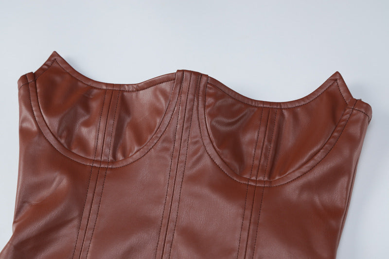 Brown faux leather corset top from Langry fashion displayed on the Faux Leather Skinny Sheath Dress
