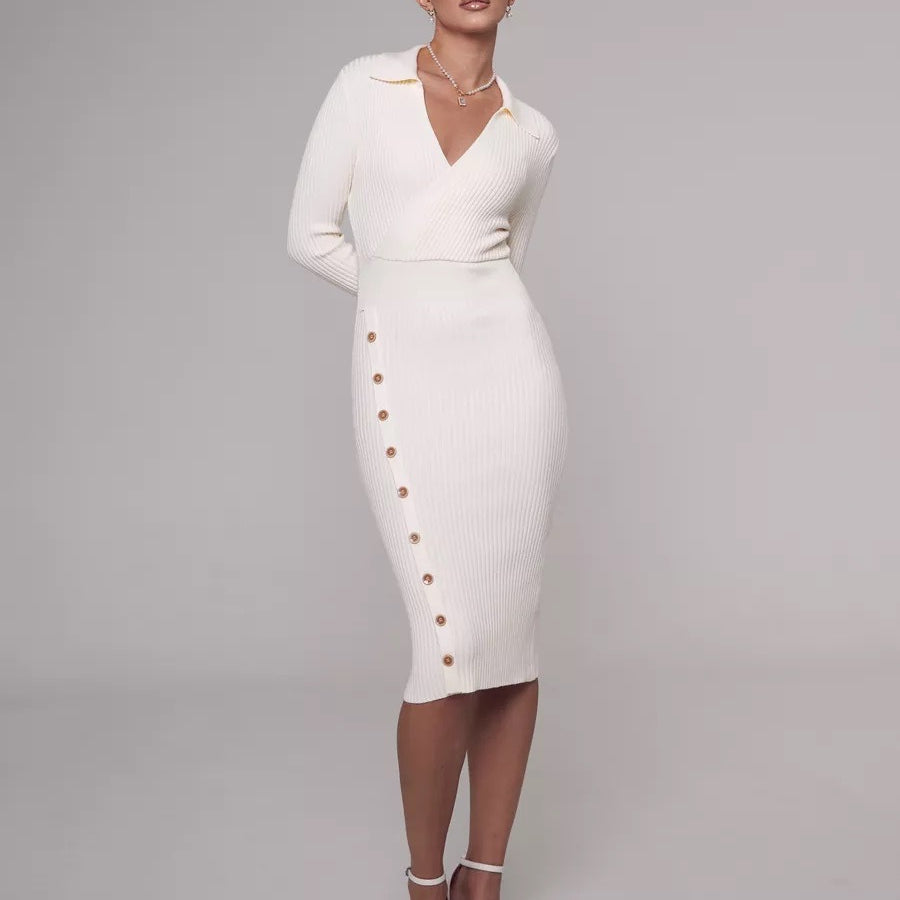 Woman wearing a white knitted dress with an elegant polo collar for autumn winter fashion