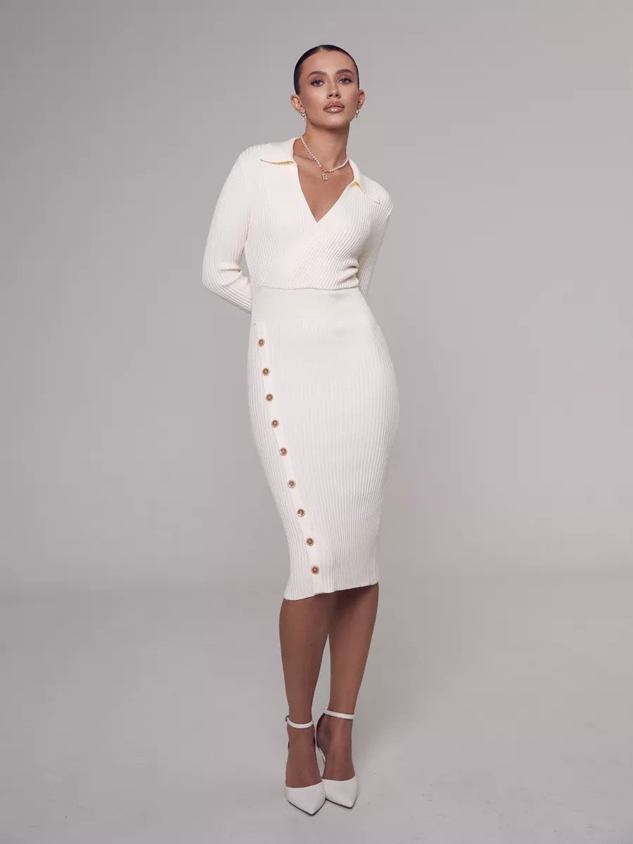 Woman wearing a white knitted dress with an elegant polo collar for autumn winter fashion