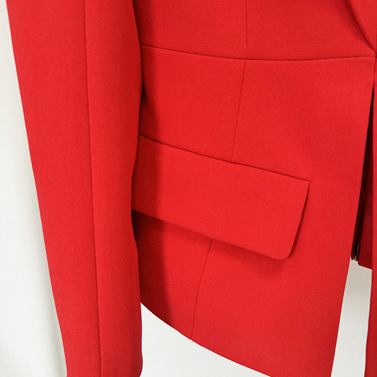 Elegant off Shoulder Blazer in vibrant red with flap pocket, perfect for fashion and ملابس enthusiasts