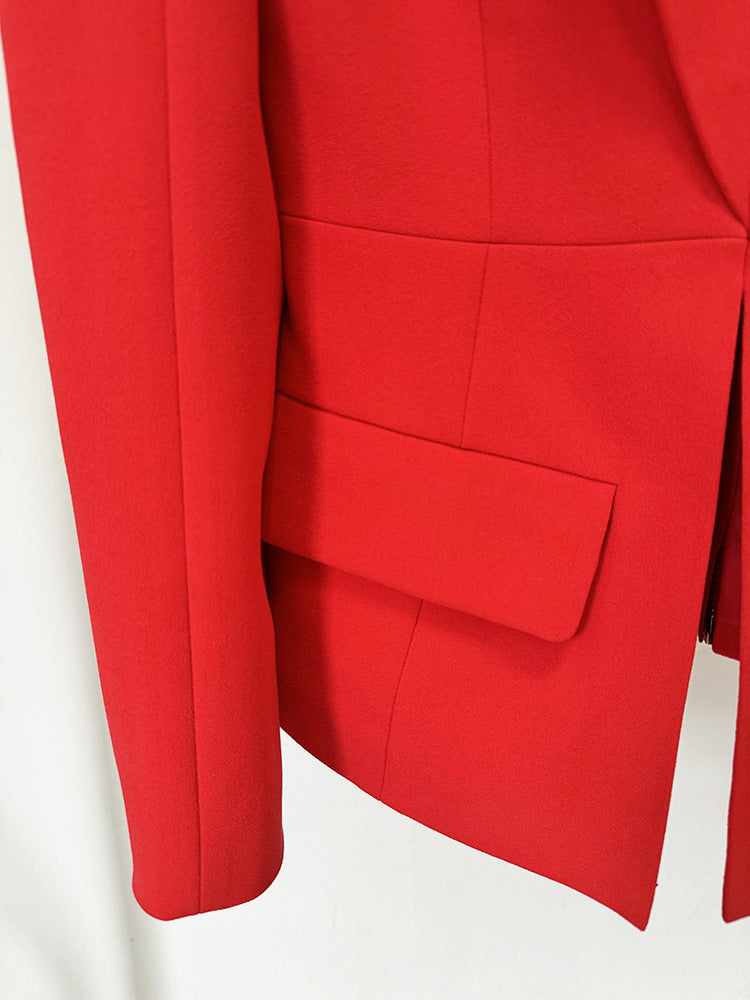 Elegant off Shoulder Blazer in vibrant red with flap pocket, perfect for fashion and ملابس enthusiasts