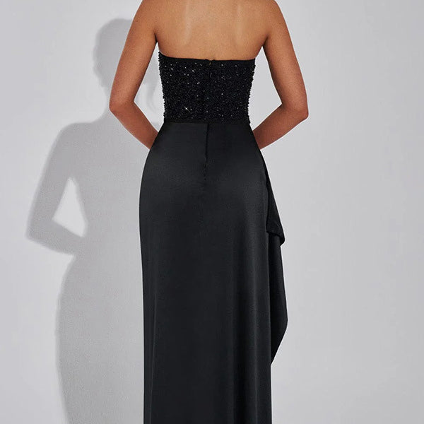 Strapless black beaded evening gown from the Casual Party Split Dress collection