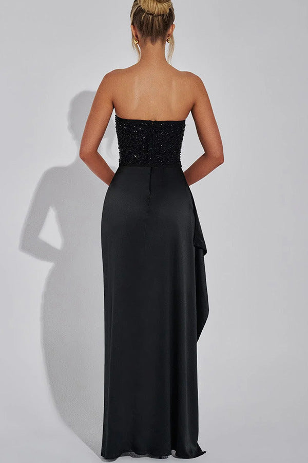 Strapless black beaded evening gown from the Casual Party Split Dress collection
