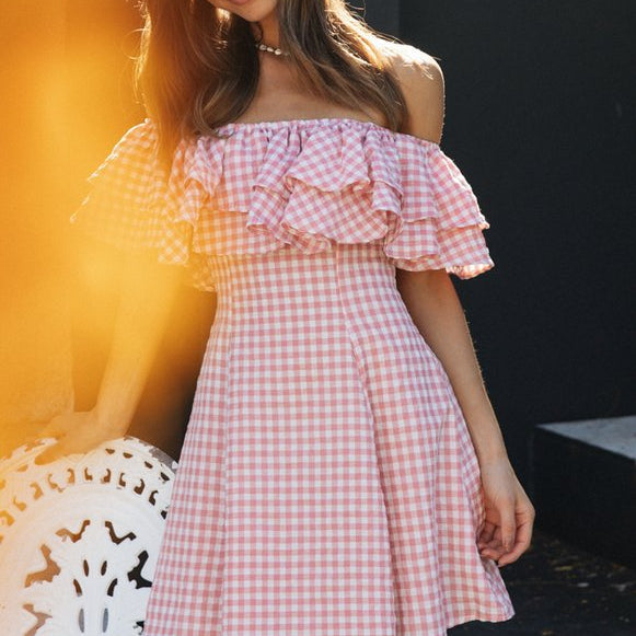 Elegant Plaid Off-shoulder Ruffled Collar Dress