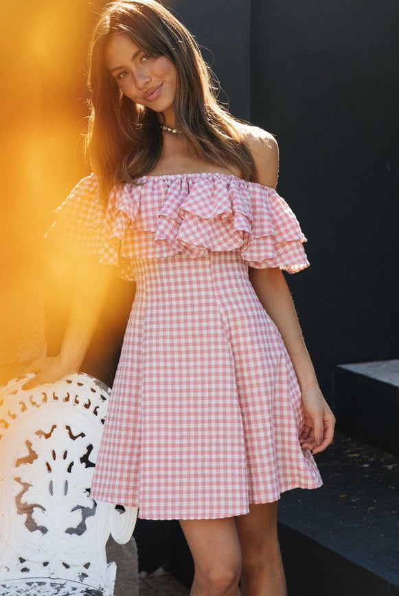 Elegant Plaid Off-shoulder Ruffled Collar Dress