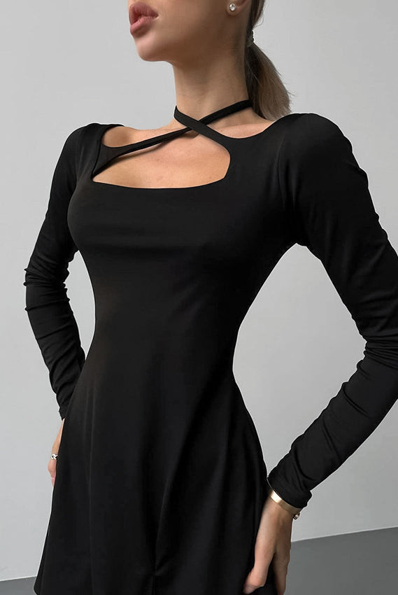 Black Elegant Knitted Dress featuring a cross-strap neckline cutout detail in fashion