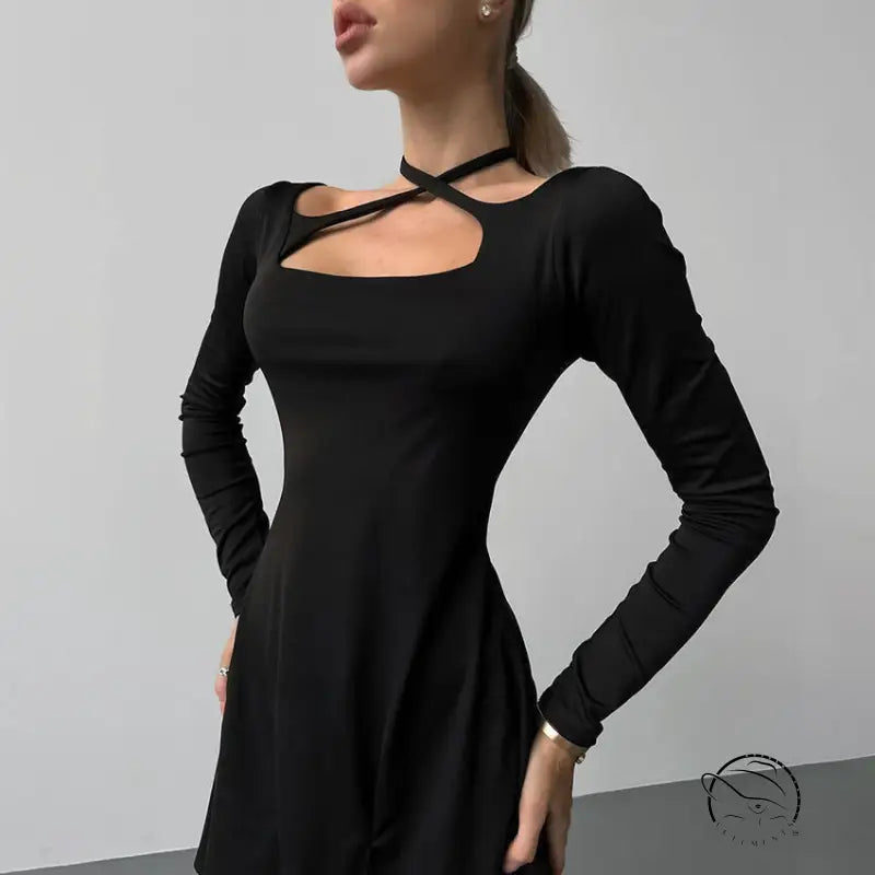 Black elegant knitted langry dress with cross-strap neckline cutout