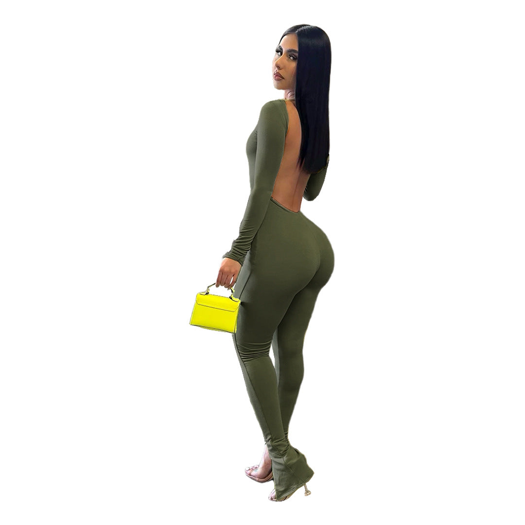 Olive green elegant backless slit jumpsuit showcased in the Elegant Backless Slit Jumpsuit product image