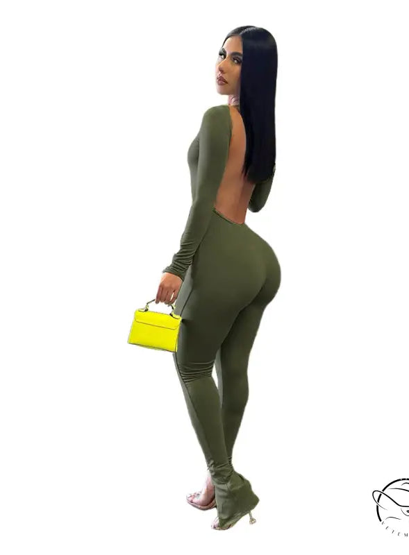 Elegant olive green backless slit jumpsuit
