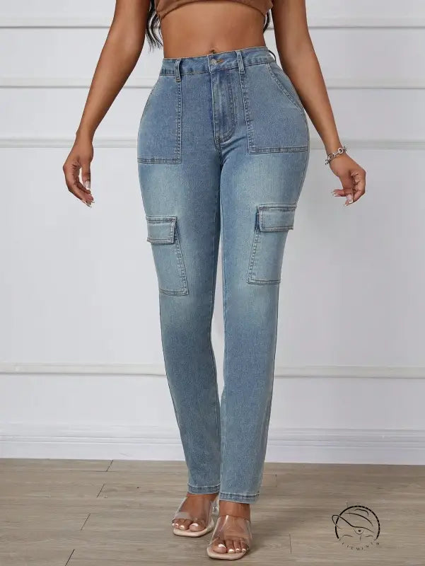 Light-wash straight skinny jeans with large side cargo pockets