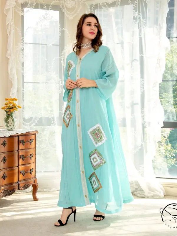 Light blue langry fashion abaya with embroidery floral patterns