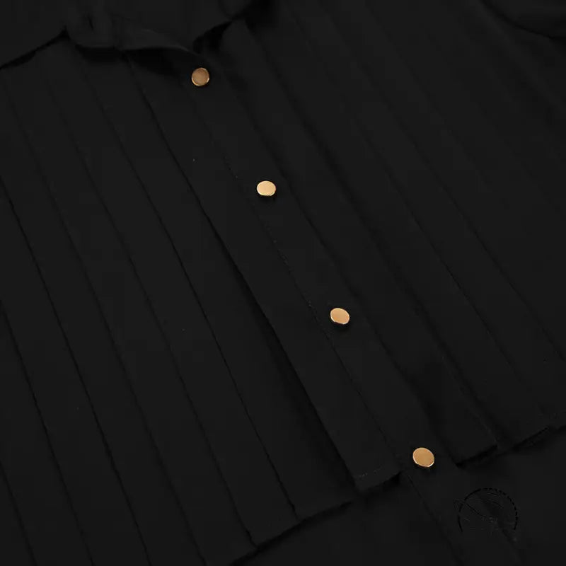 French elegant chiffon black pleated button-up shirt with gold buttons