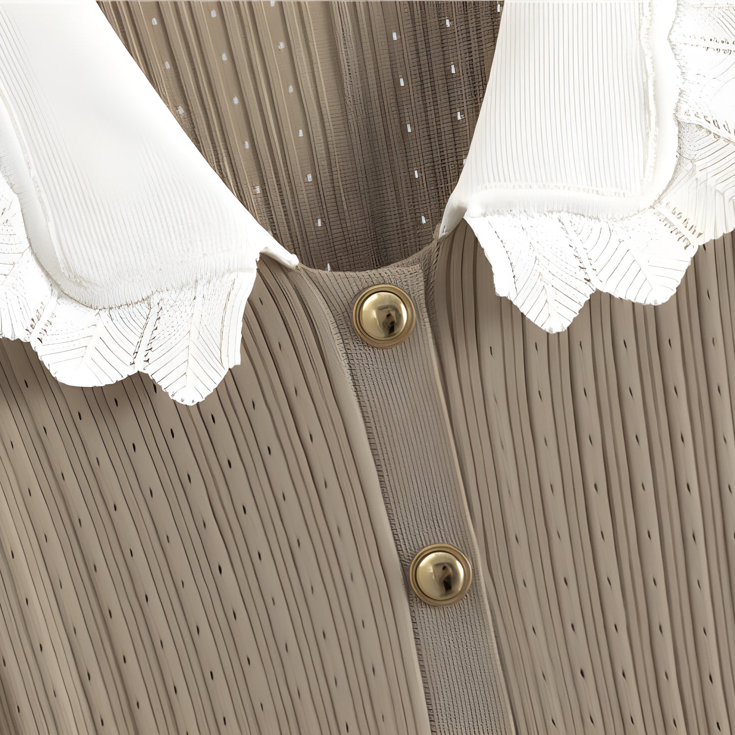 Brown striped shirt with white lace collar and brass buttons in elegant knitwear fashion