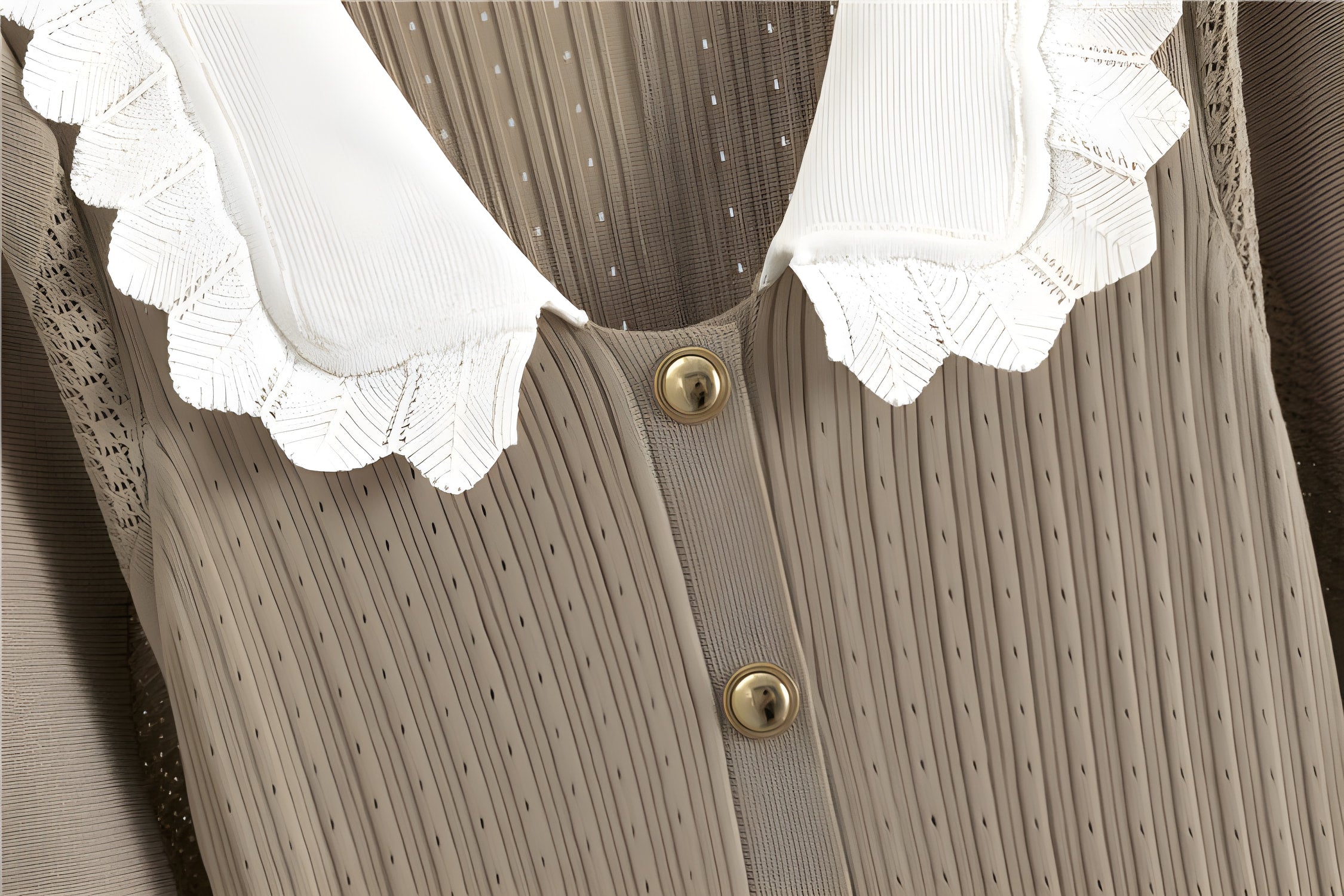 Brown striped shirt with white lace collar and brass buttons in elegant knitwear fashion