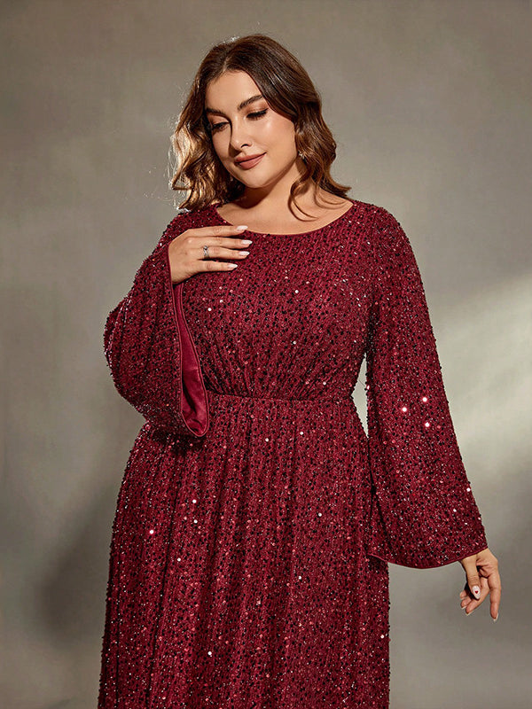 Burgundy sequined long-sleeved dress from Extra Flattering Evening Dress collection, stylish fashion ملابس