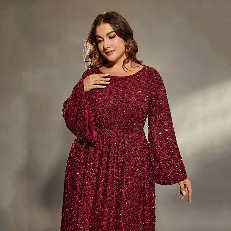 Burgundy sequined long-sleeved dress from Extra Flattering Evening Dress collection, stylish fashion ملابس