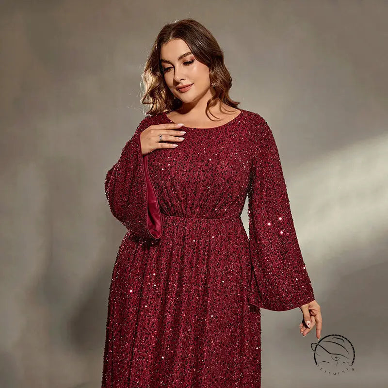 Extra flattering burgundy sequined long-sleeved evening dress