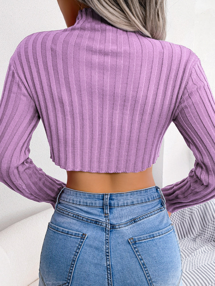 Lavender ribbed crop top from Cozy Knitted Bottoming Sweater, stylish fashion ملابس
