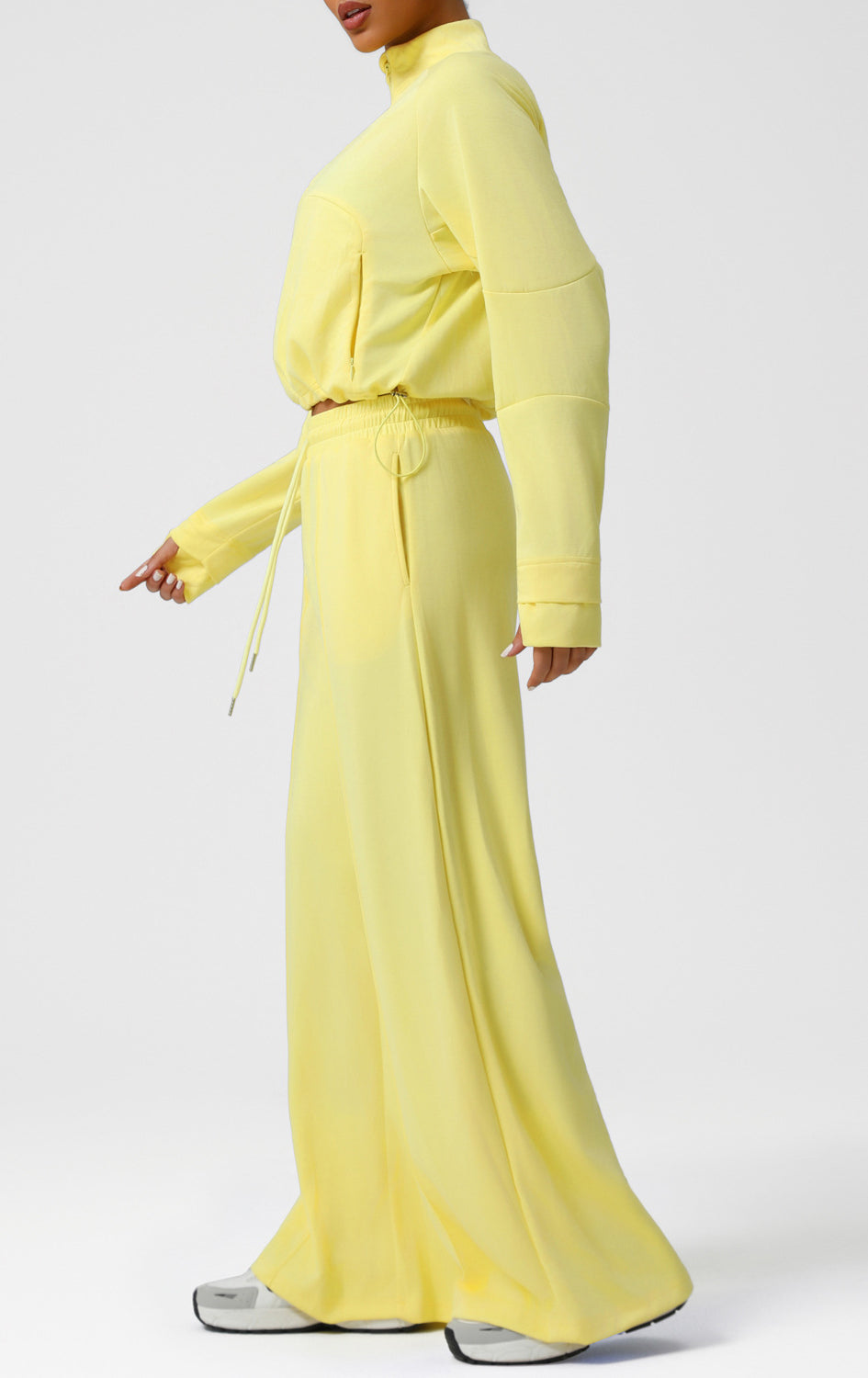Langry fashion yellow high-necked long-sleeved dress with tie waist and black trim in casual wide leg pants warm set