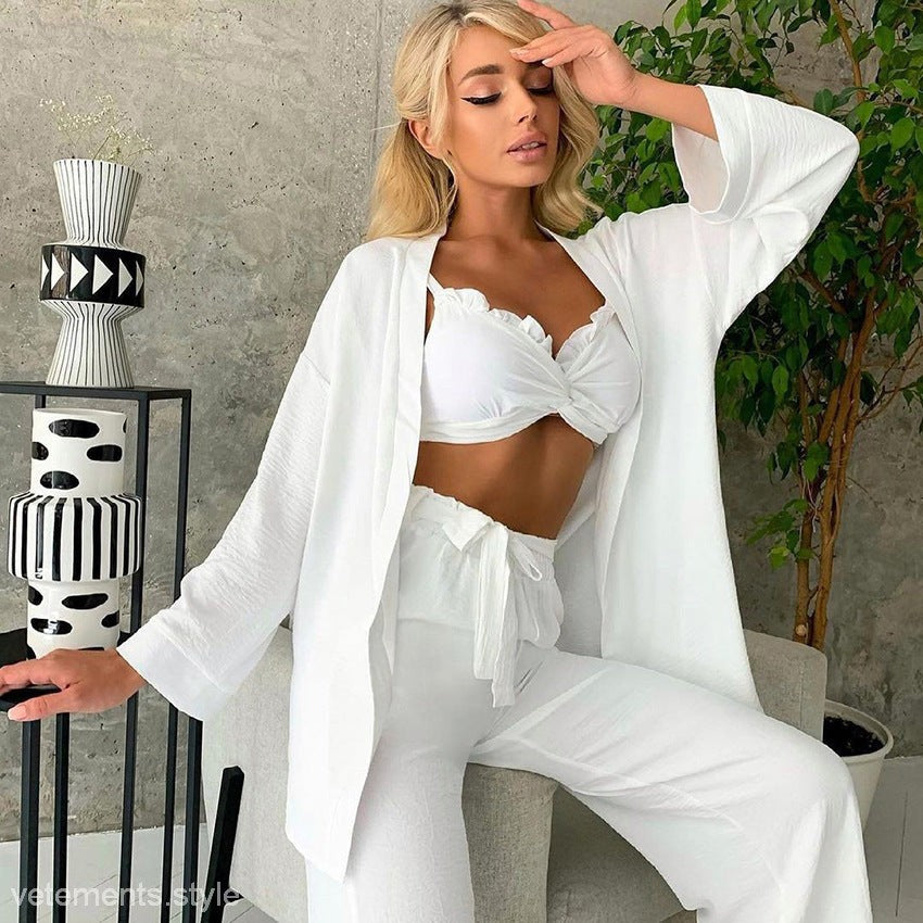 White lounge set from Sweet Ruffled Pajamas featuring ruffled wrapped chest and chest gauze pajamas