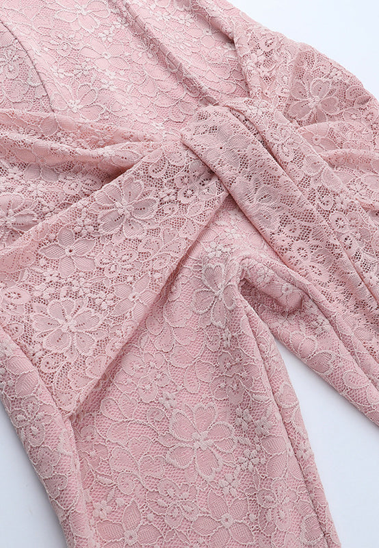 Elegant pink lace wrap dress with floral pattern and tie waist by Langry fashion