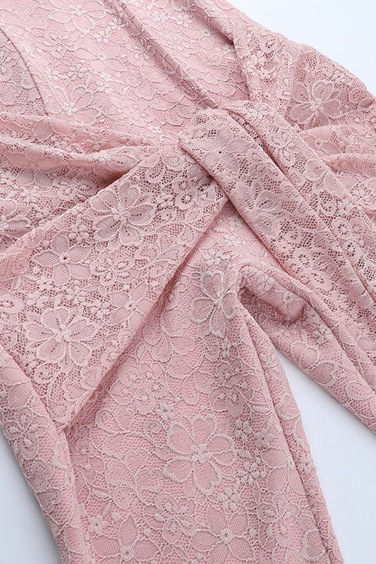 Elegant pink lace wrap dress with floral pattern and tie waist by Langry fashion