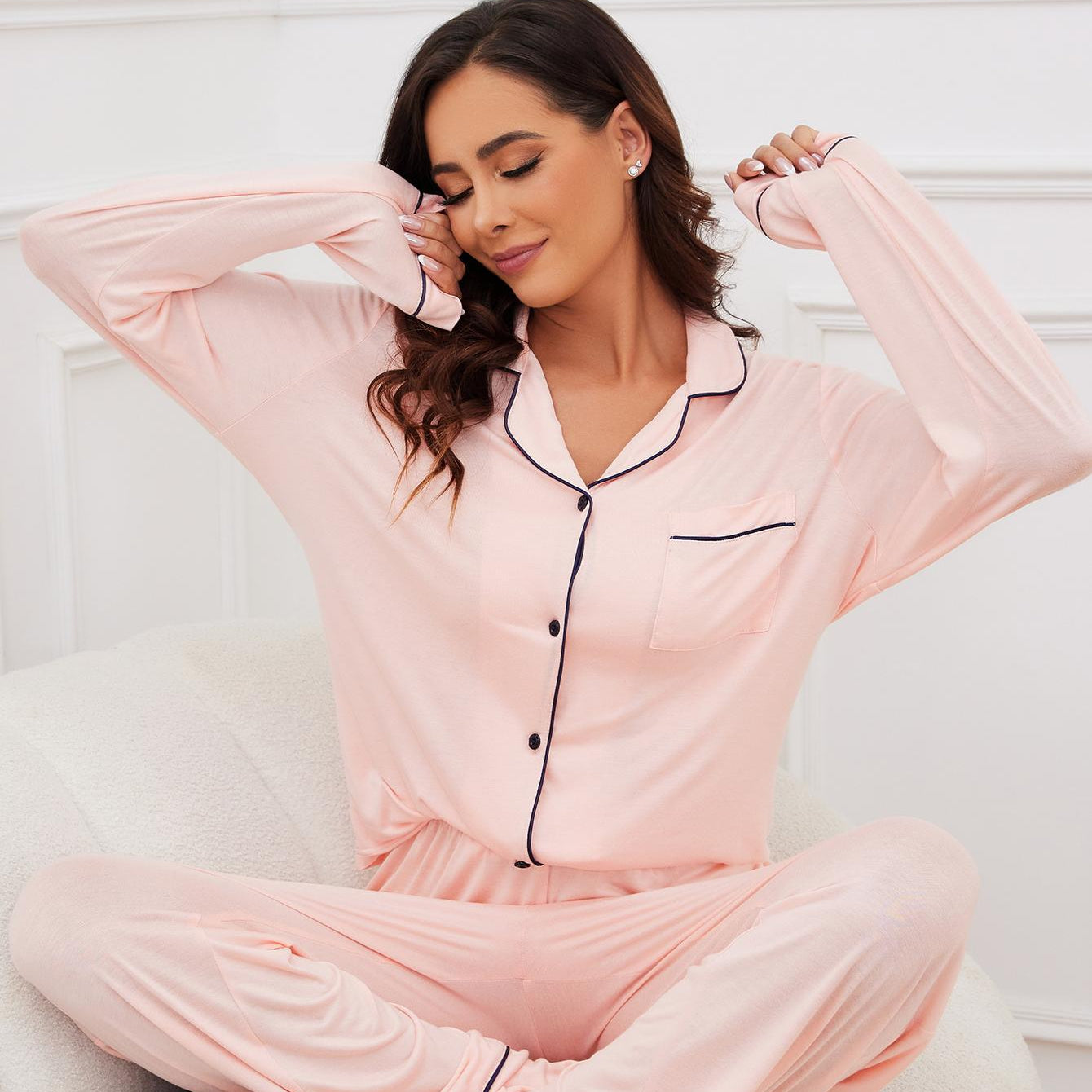 Pink long-sleeve pajama set with black piping from Homewear Autumn Winter Modal collection for women