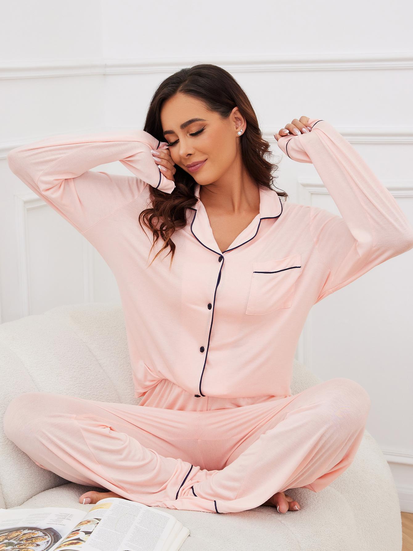 Pink long-sleeve pajama set with black piping from Homewear Autumn Winter Modal collection for women