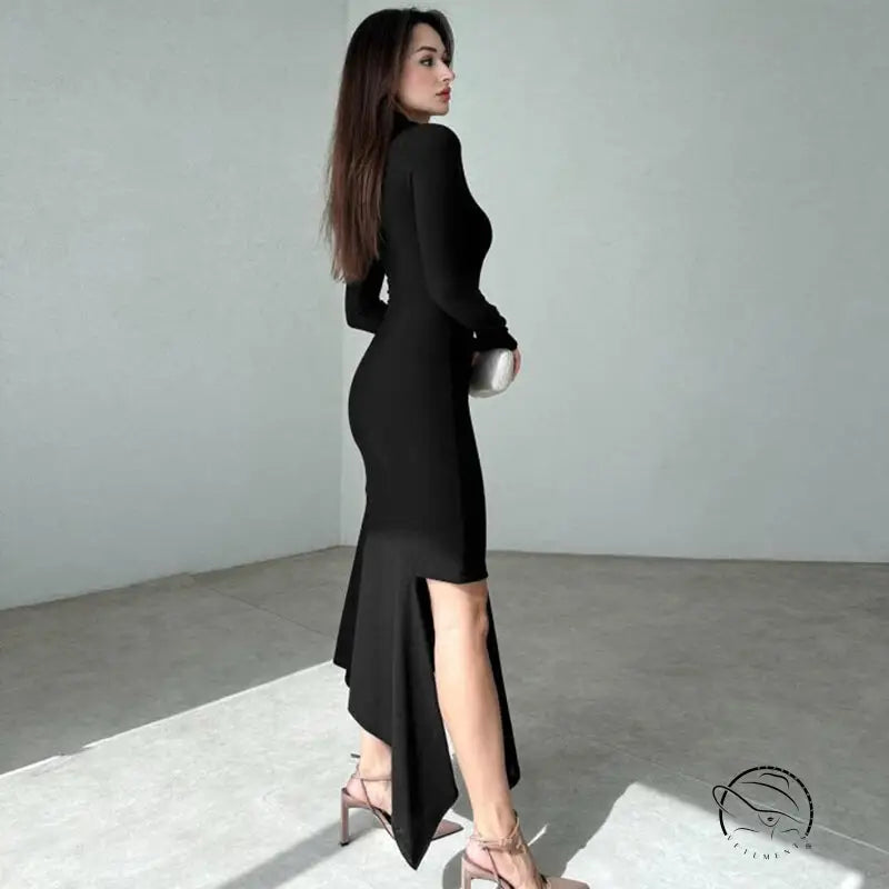 Elegant black langry fashion slit dress with long sleeves