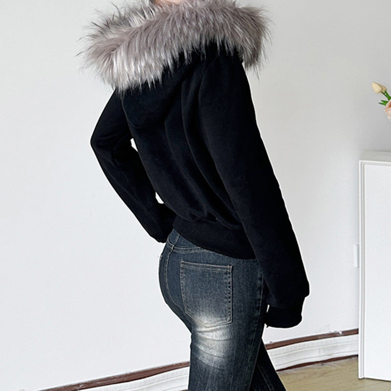 Street Retro Hooded Furry Splicing Coat featuring a person in black hoodie and dark jeans