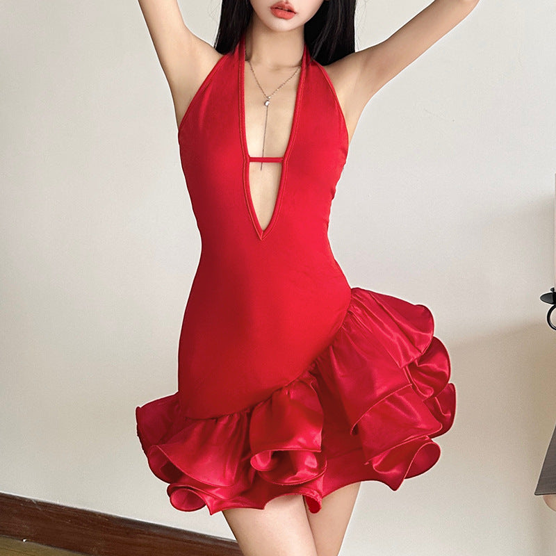 Red halter dress with plunging neckline and ruffled hem, perfect for langry fashion style
