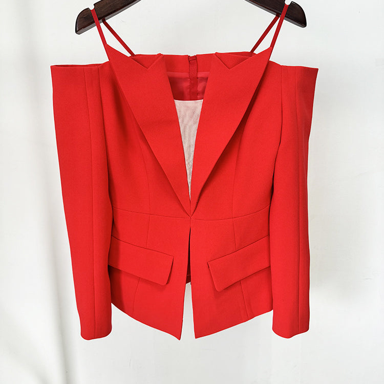 Elegant off shoulder blazer in red with spaghetti straps and front flap pockets for stylish ملابس and fashion