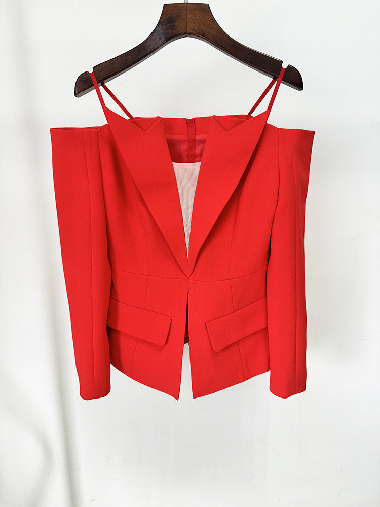 Elegant off shoulder blazer in red with spaghetti straps and front flap pockets for stylish ملابس and fashion