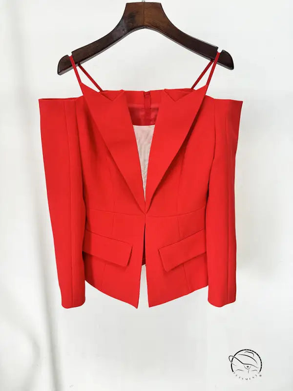 Elegant red off-shoulder langry fashion blazer with flap pockets