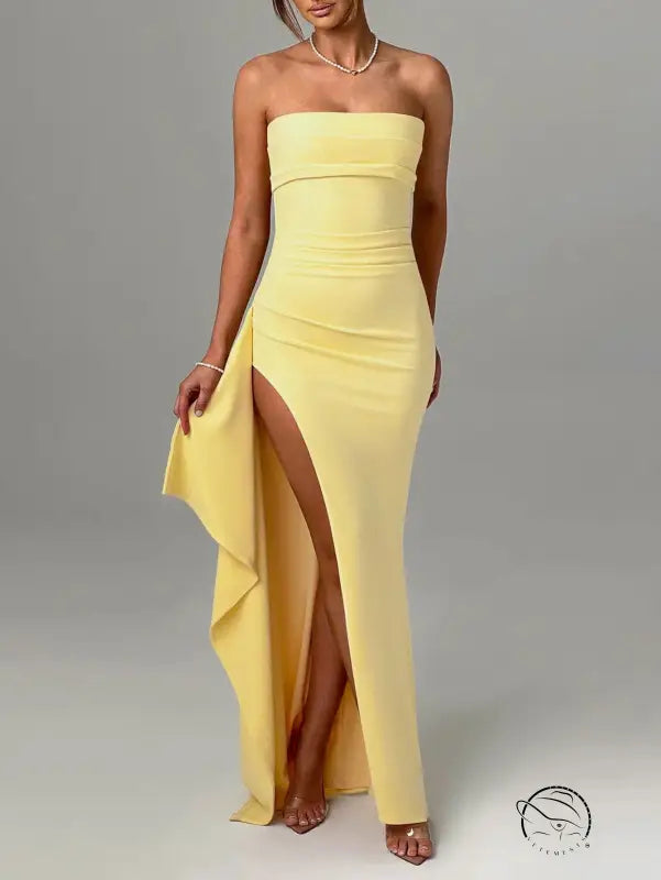 Langry strapless yellow fashion gown with thigh-high slit