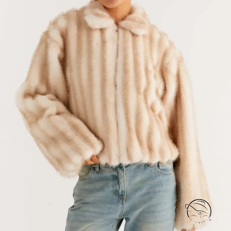 Beige faux fur cropped jacket with Peter Pan collar, Langry fashion