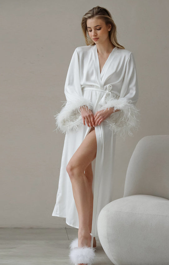 Elegant long sleeve comfy silk feather-trimmed satin robe nightgown