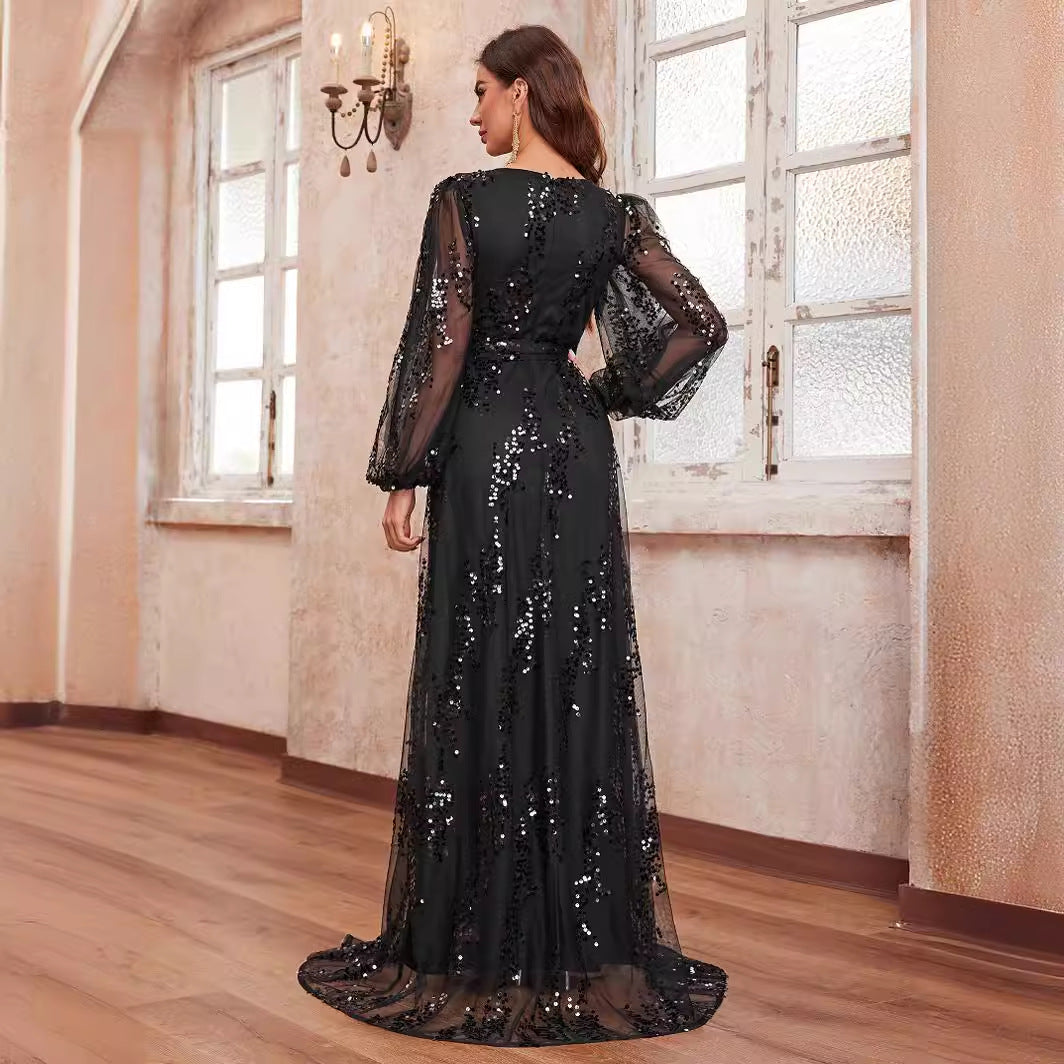 Black sequined long sleeve evening dress with sheer balloon sleeves for ladies elegant prom