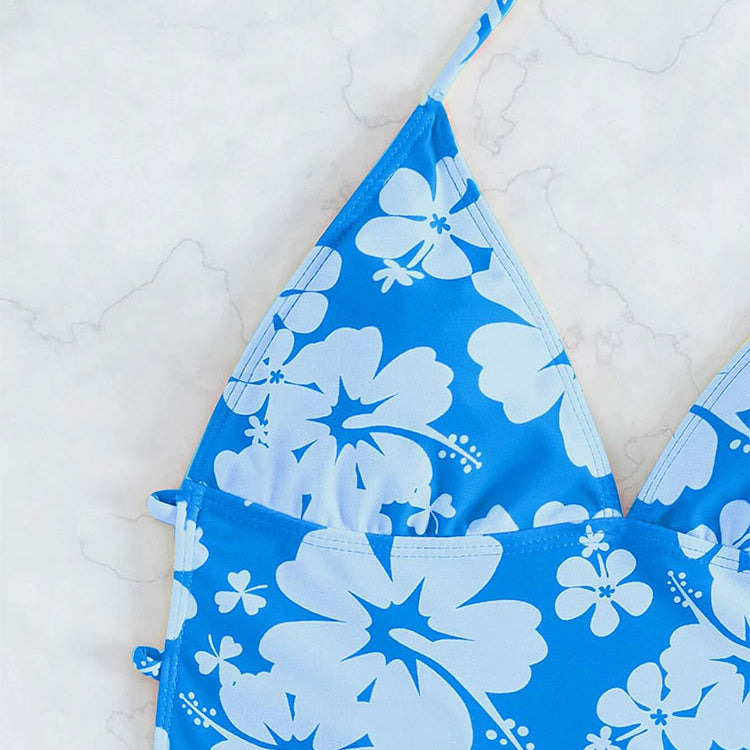 Blue floral bikini top with suspenders printed high waist and rope gather details