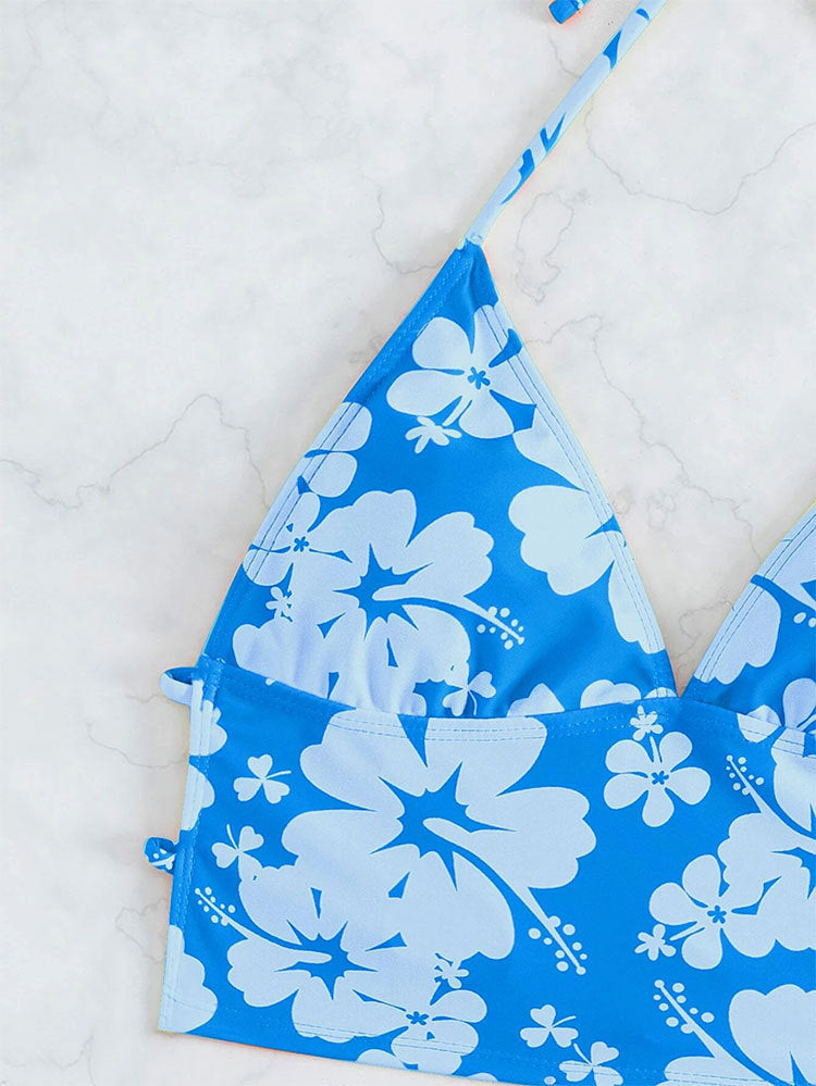 Blue floral bikini top with suspenders printed high waist and rope gather details