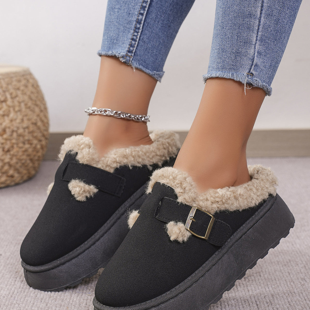 Black platform mule slippers with faux fur trim perfect for casual thermal cotton fashion