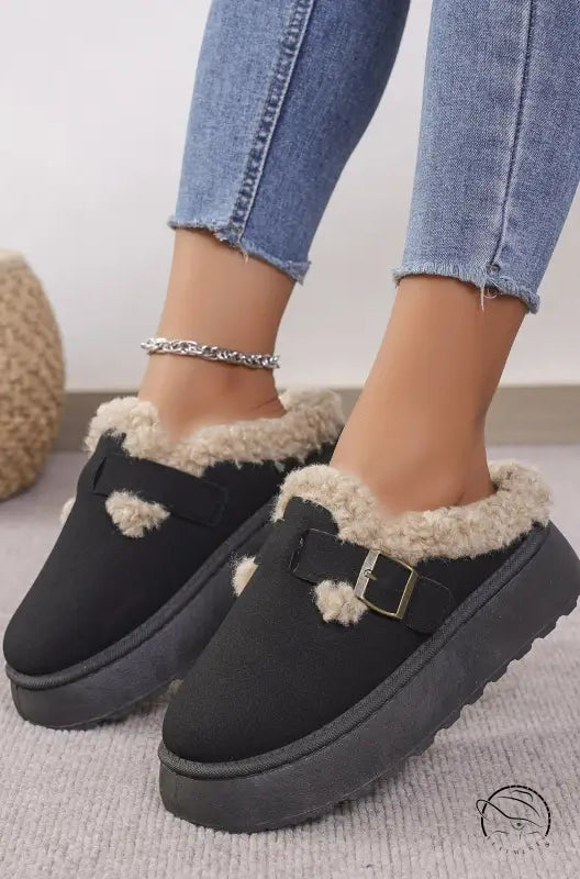 Langry fashion black platform mule slippers with faux fur trim