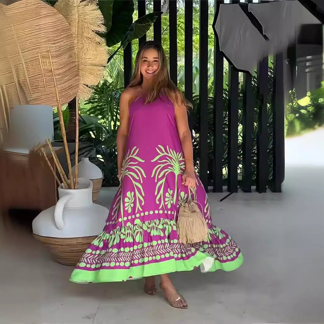 Spring Printed Sleeveless Loose Halter Dress Backless Women