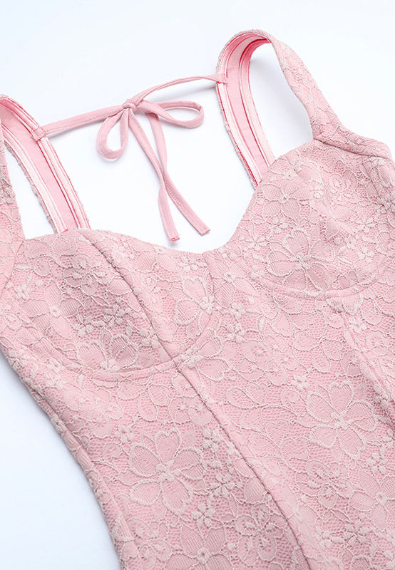 Elegant langry pink lace camisole in fashion jumpsuit with bow detail