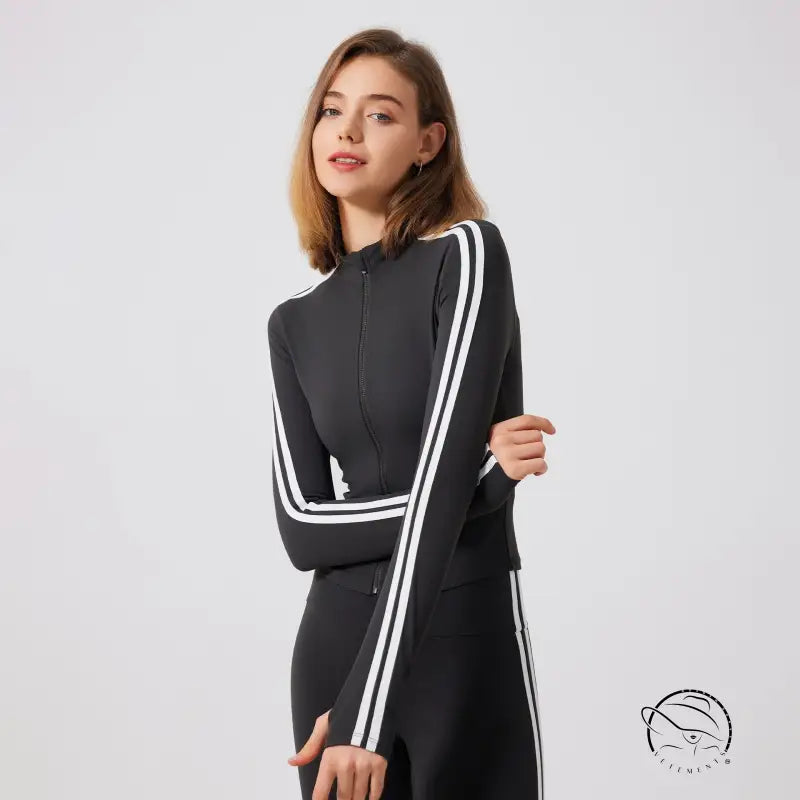 Black adidas tracksuit with white stripes in running skin friendly fitness top