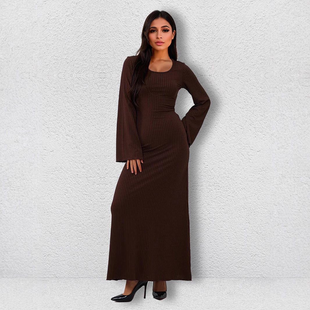 Elegant brown ribbed maxi dress in fashion, perfect for stylish ملابس and formal occasions