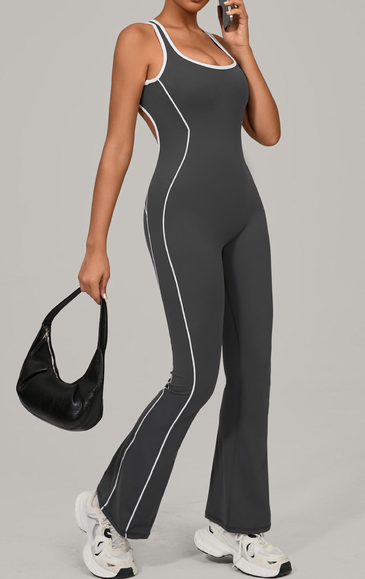 Charcoal gray Beauty Back Yoga Jumpsuit with white piping, red accents, relaxed fit, langry fashion ملابس