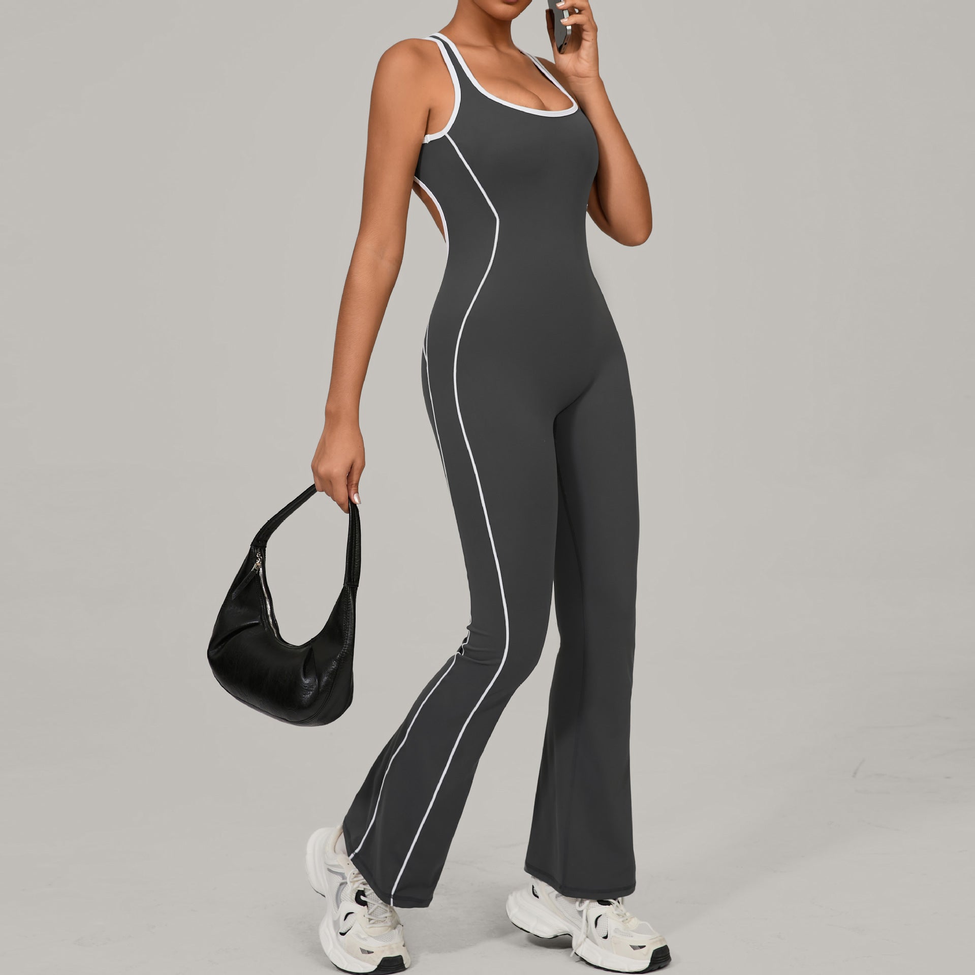 Charcoal gray Beauty Back Yoga Jumpsuit with white piping, red accents, relaxed fit, langry fashion ملابس