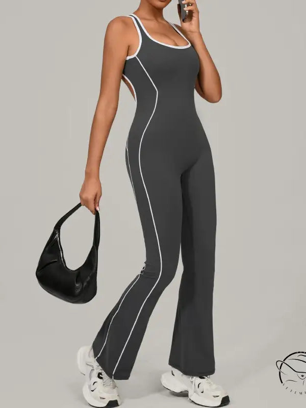 Charcoal gray Beauty Back Yoga Jumpsuit with white piping and red accents in langry fashion