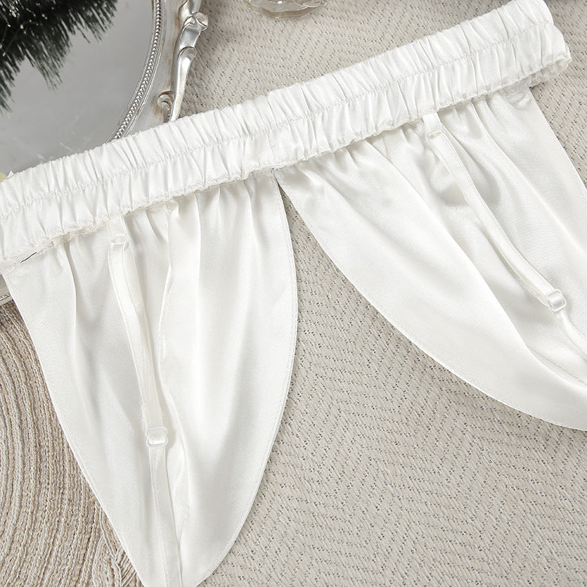 White satin drawstring shorts with elastic waistband for comfortable silk feather nightgown